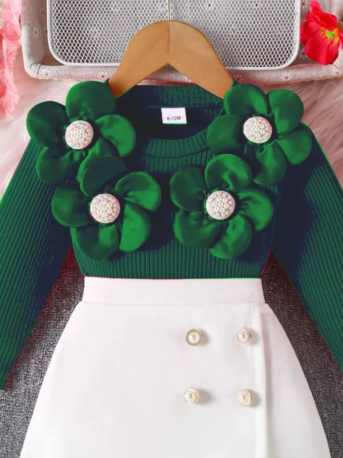 Children's Floral Applique Ribbed Top & Button Decor Skirt Set