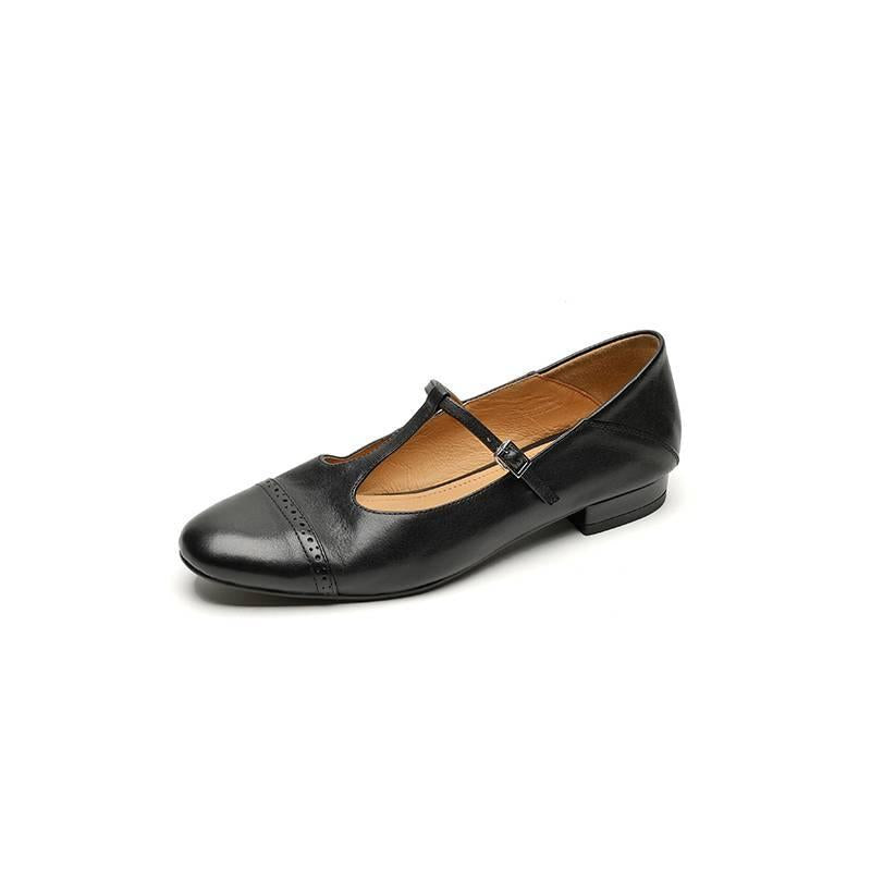 Women's T-shaped Buckle Cowhide Flats