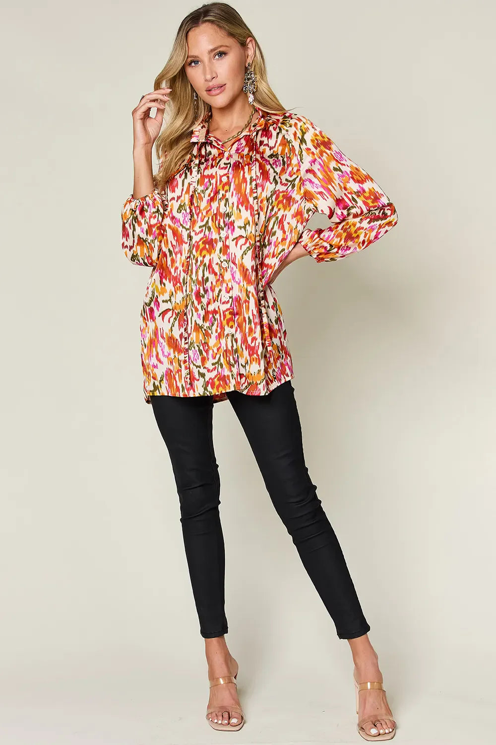 Camisa abotonada de manga larga estampada Full Size Double Take