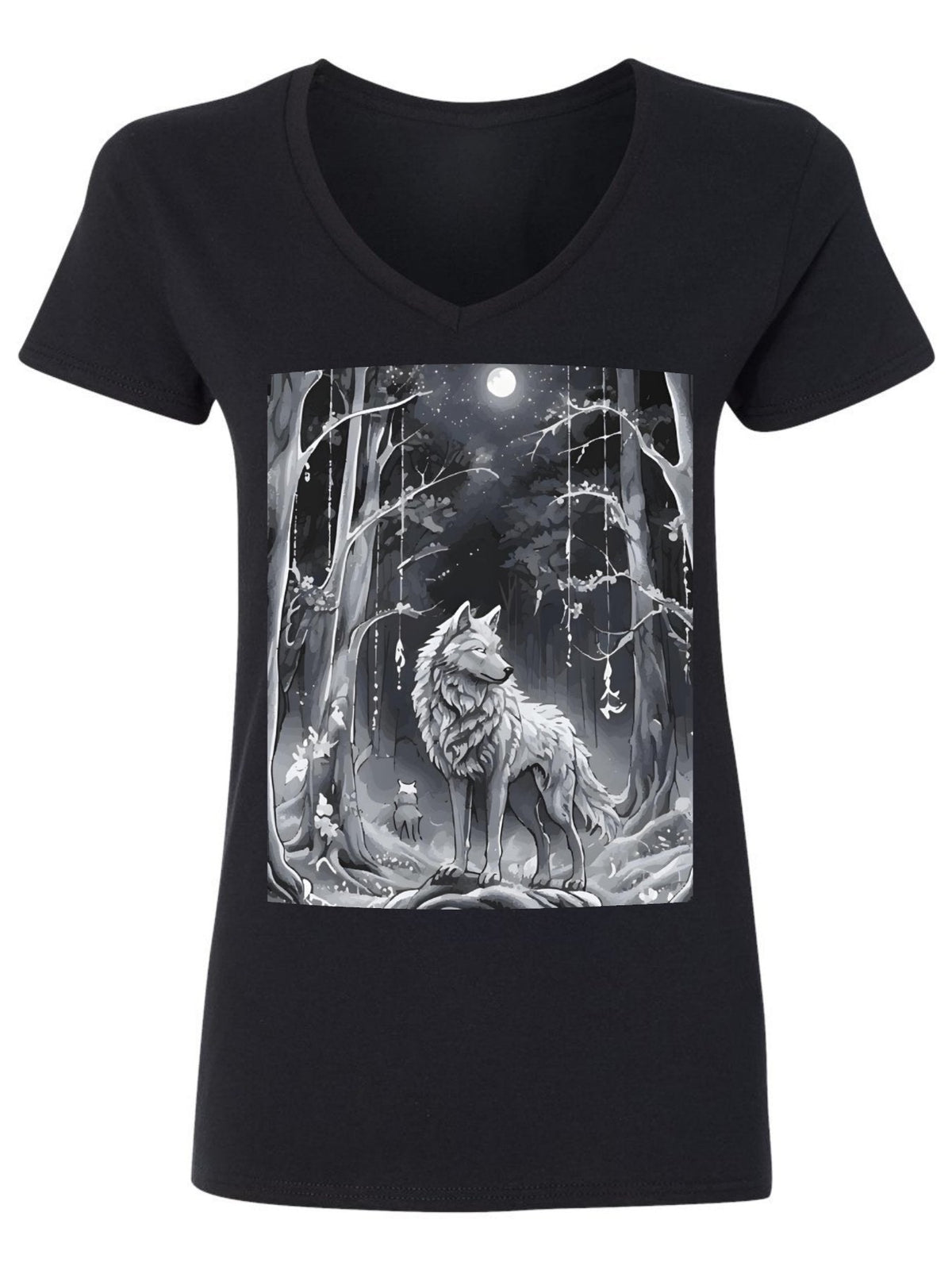 Ethereal Wolf in the Moonlight Cotton V-neck T-shirt for Women (Front Printing)