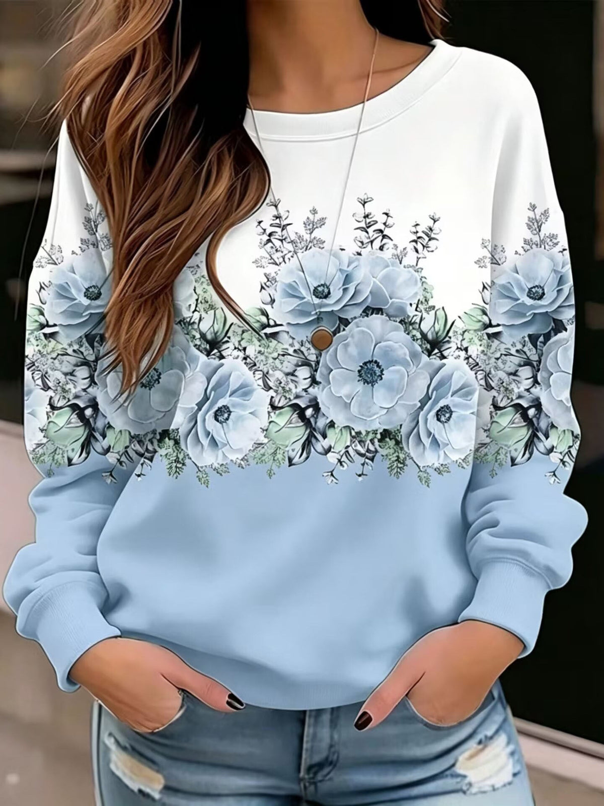 Women's Round-neck Floral Print Sweatshirt, Loose Fit, Dropped Shoulders, Long Sleeves, Casual Pullover Top, Patchwork Design With Contrasting Colors
