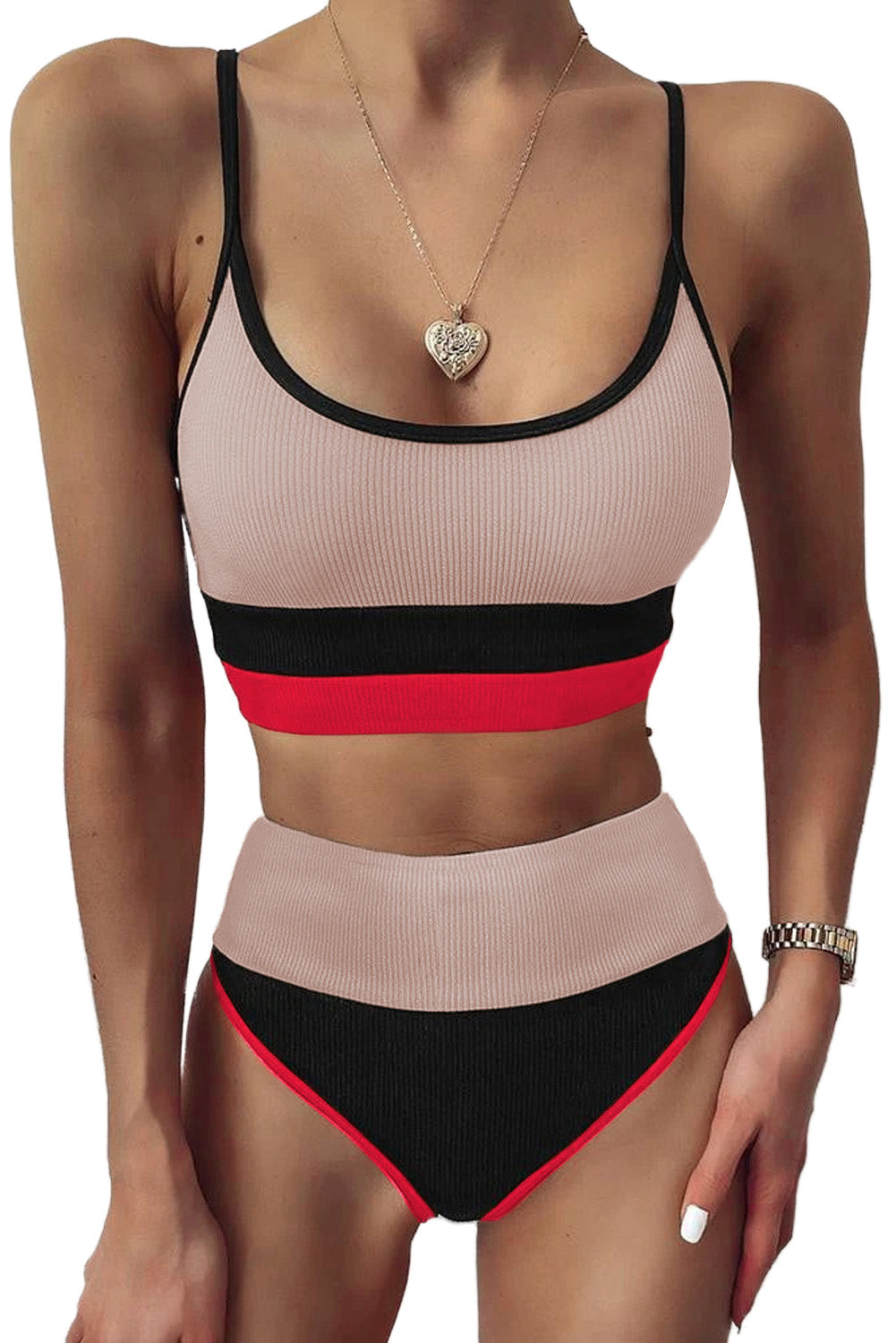 Conjunto de bikini de dos piezas con tirantes finos y bloques de color