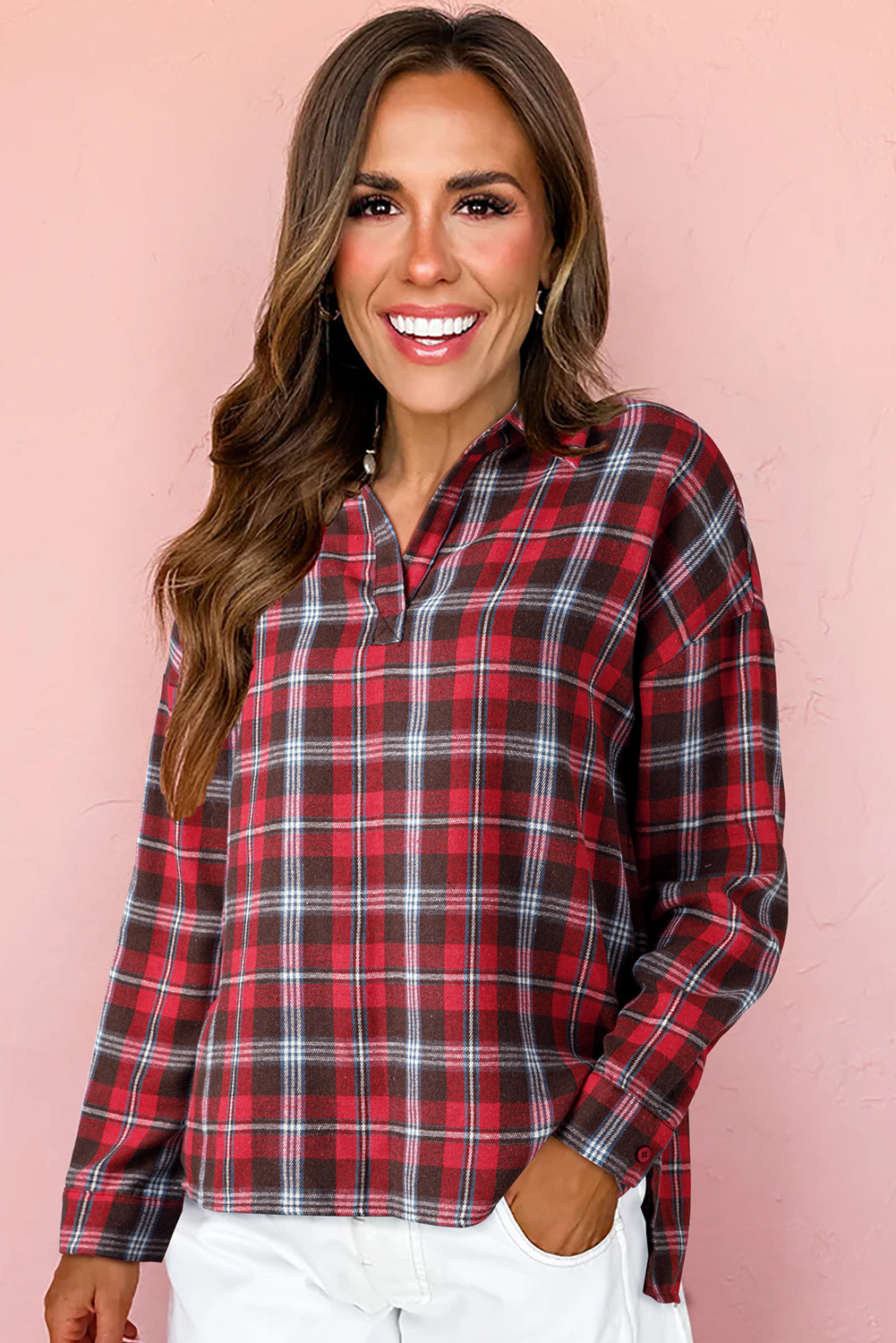 Blusa suelta con cuello en V, estampado de cuadros rojos y aberturas laterales