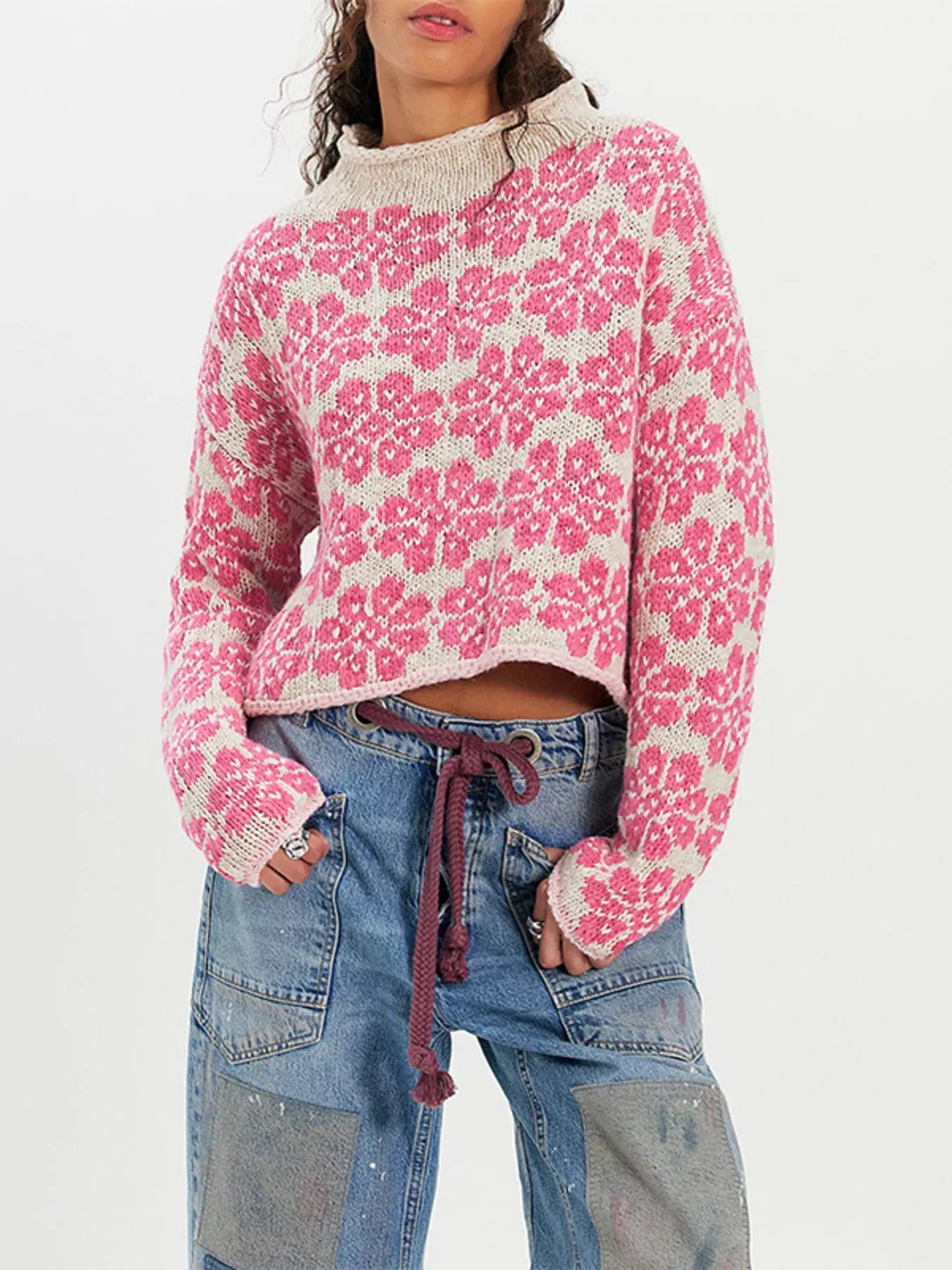 Floral Contrast Trim Dropped Shoulder Sweater