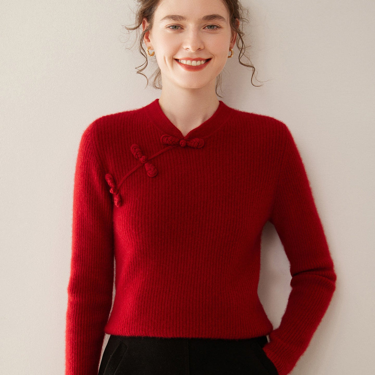Chinese Cheongsam-Style Frog Button Goat Cashmere Sweater