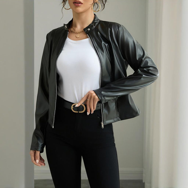 Blazer de piel sintética de manga larga y cuello alto de color liso para mujer