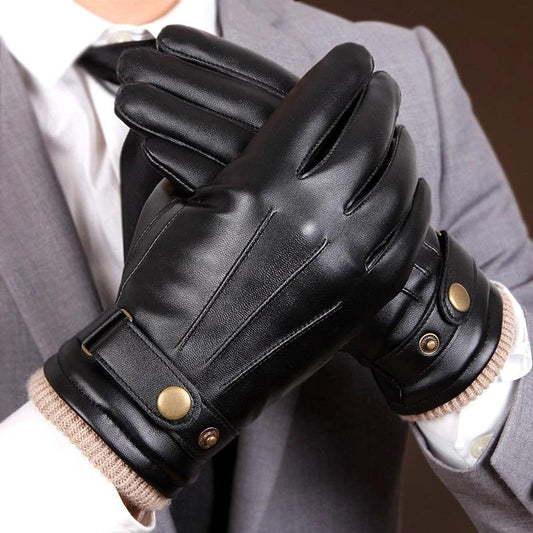 Guantes cálidos de piel de oveja para hombre, forrados de forro polar y cortavientos