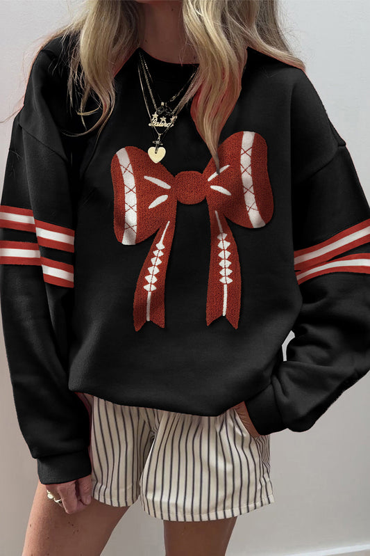 Sudadera holgada de béisbol universitaria negra con gráfico de lazo y mangas a rayas