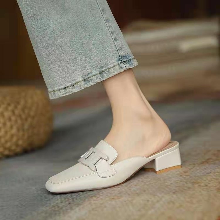 Slip-On British Metal Buckle Square-Toe Slippers