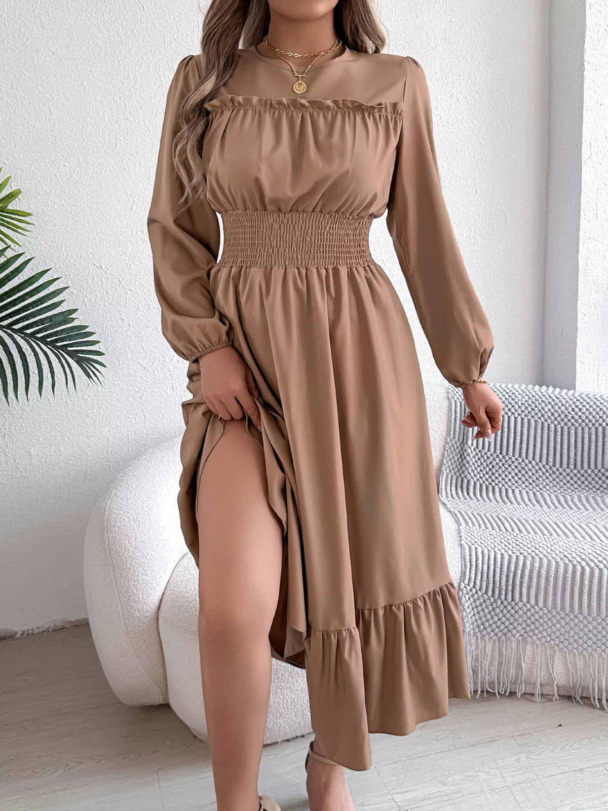 Round Neck Balloon Sleeve Tiered Dress