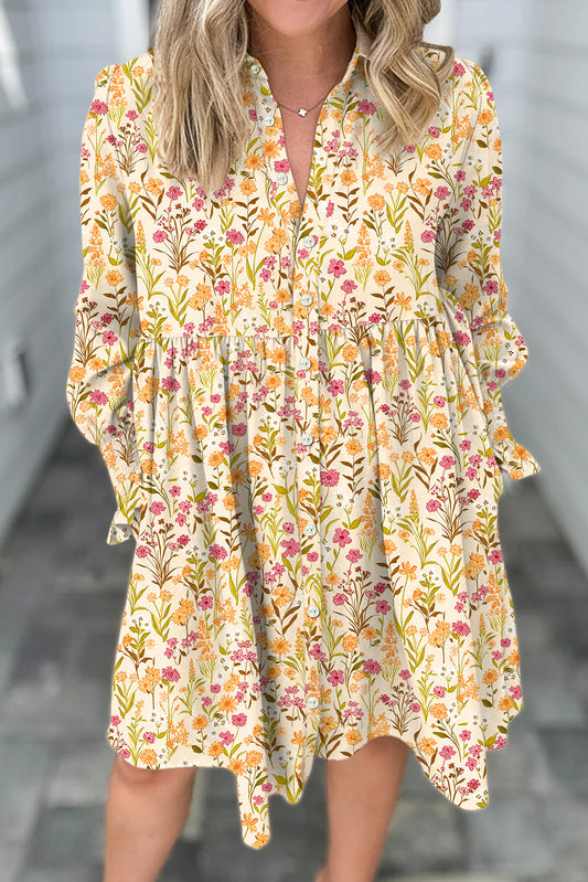 Vestido Camisero Holgado de Manga Larga con Estampado Floral Amarillo, Ribetes Volantes y Puños Fruncidos