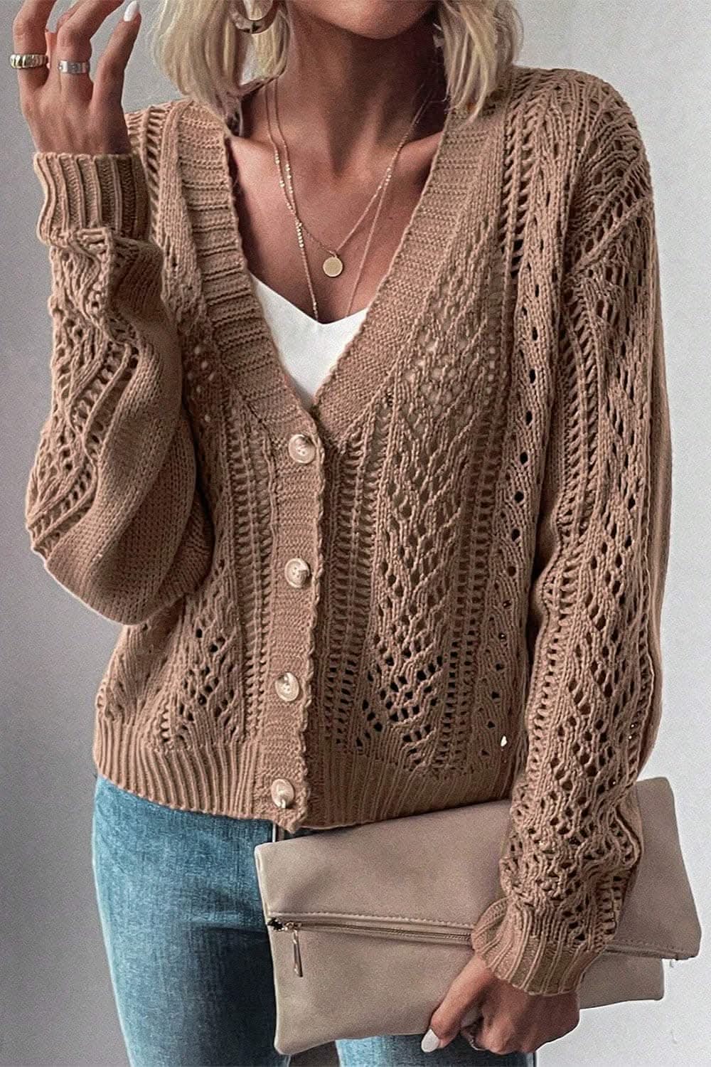 Cotton Blend Openwork Cardigan by Trendsi | Peacock Blue