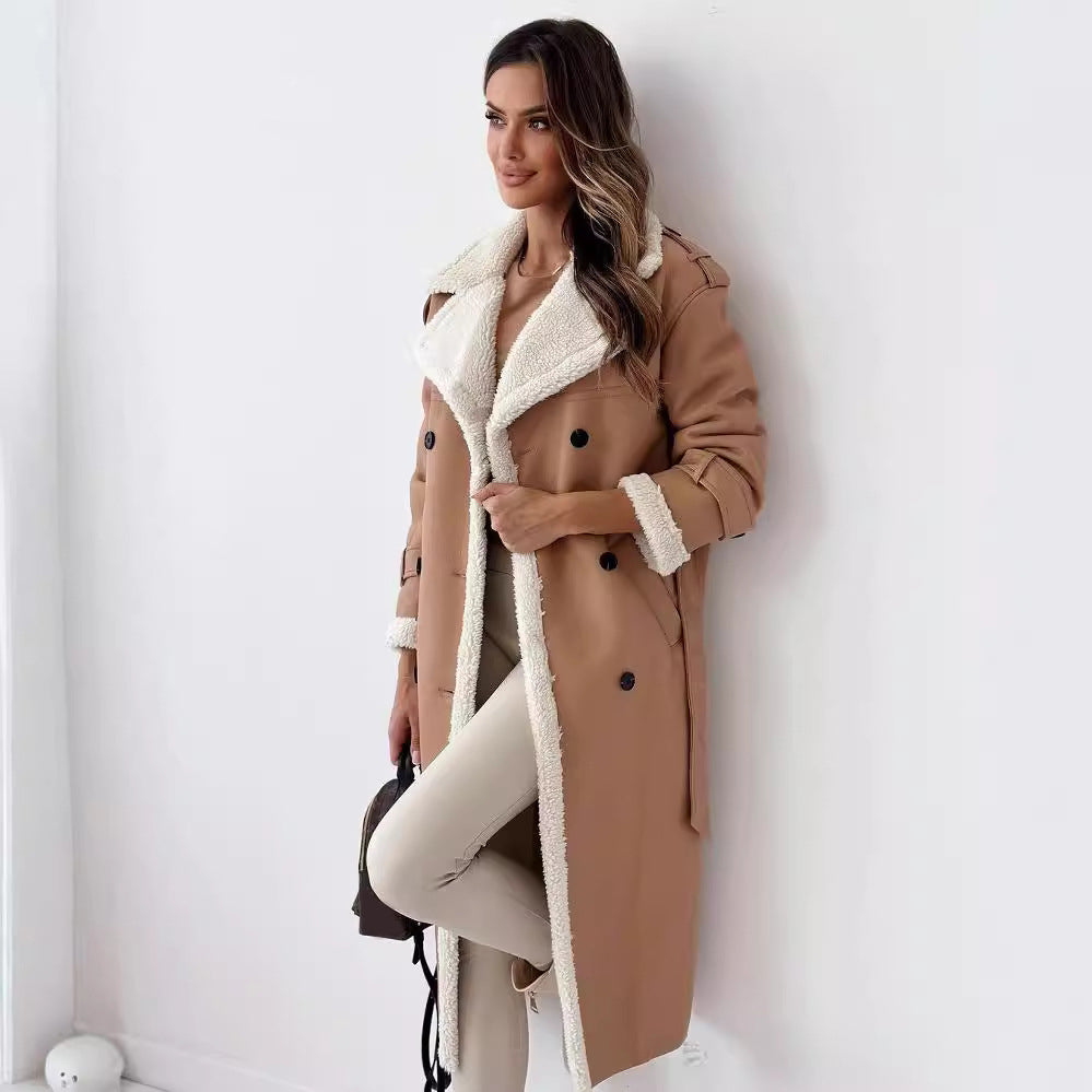 Gabardina de invierno cruzada con cinturón para mujer