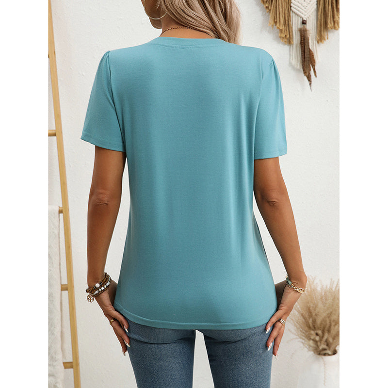 Camisa túnica de manga corta y cuello de pico con muesca para mujer