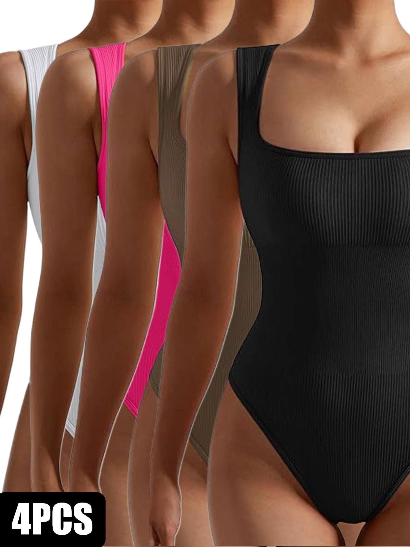 4 Pack Women body suit  One Piece Bodycon Unitards Tummy Control Bodysuit Square neck