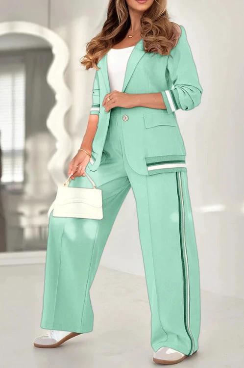 2 Pcs Set Women Suit Coat Pants Suit Lapel Long Sleeves Lady Jacket Wide Leg High Waist Trousers Female Commuting Office Outfit