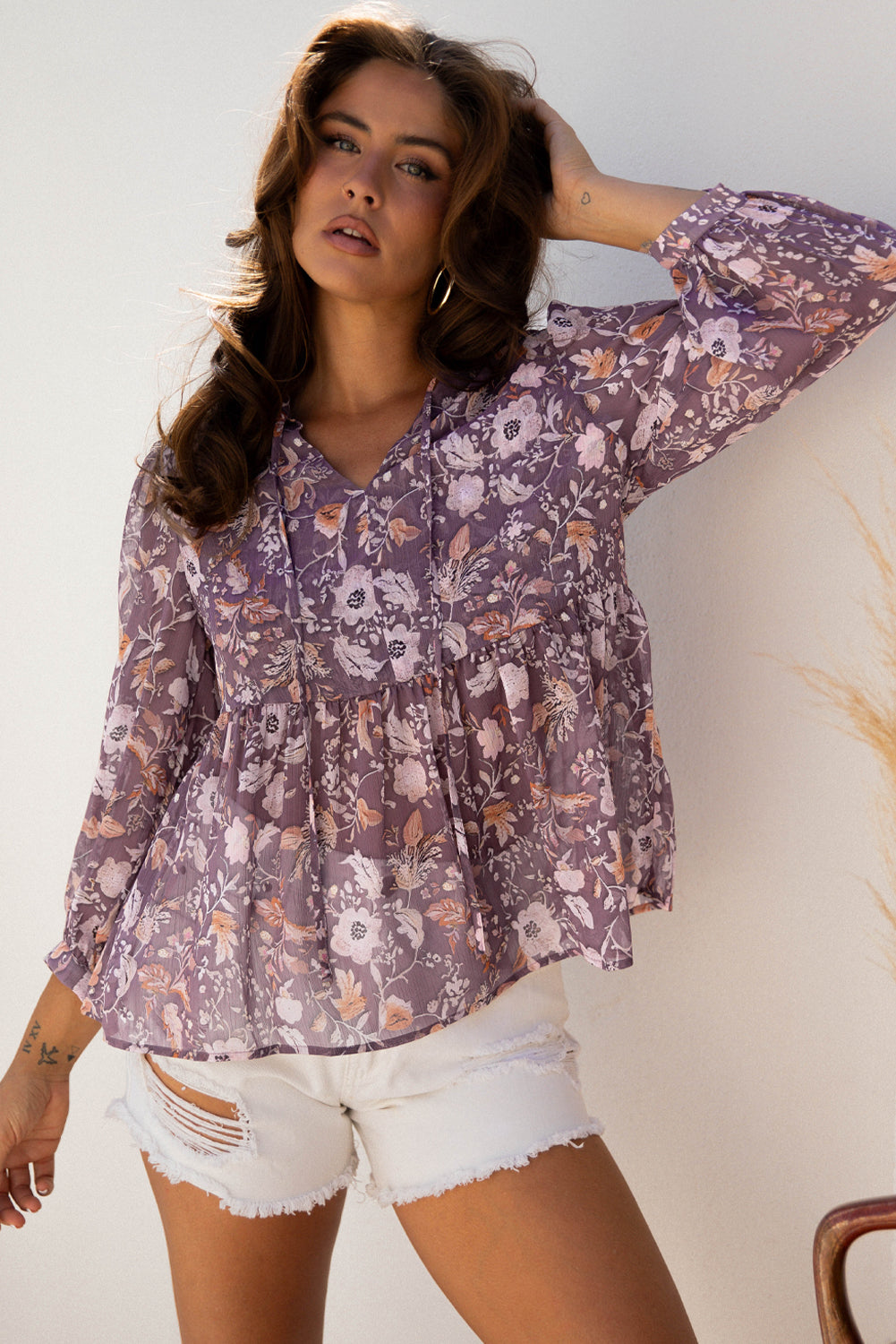 Blusa Estampada de Flores Boho Azul con Manga Francesa Estilo Babydoll