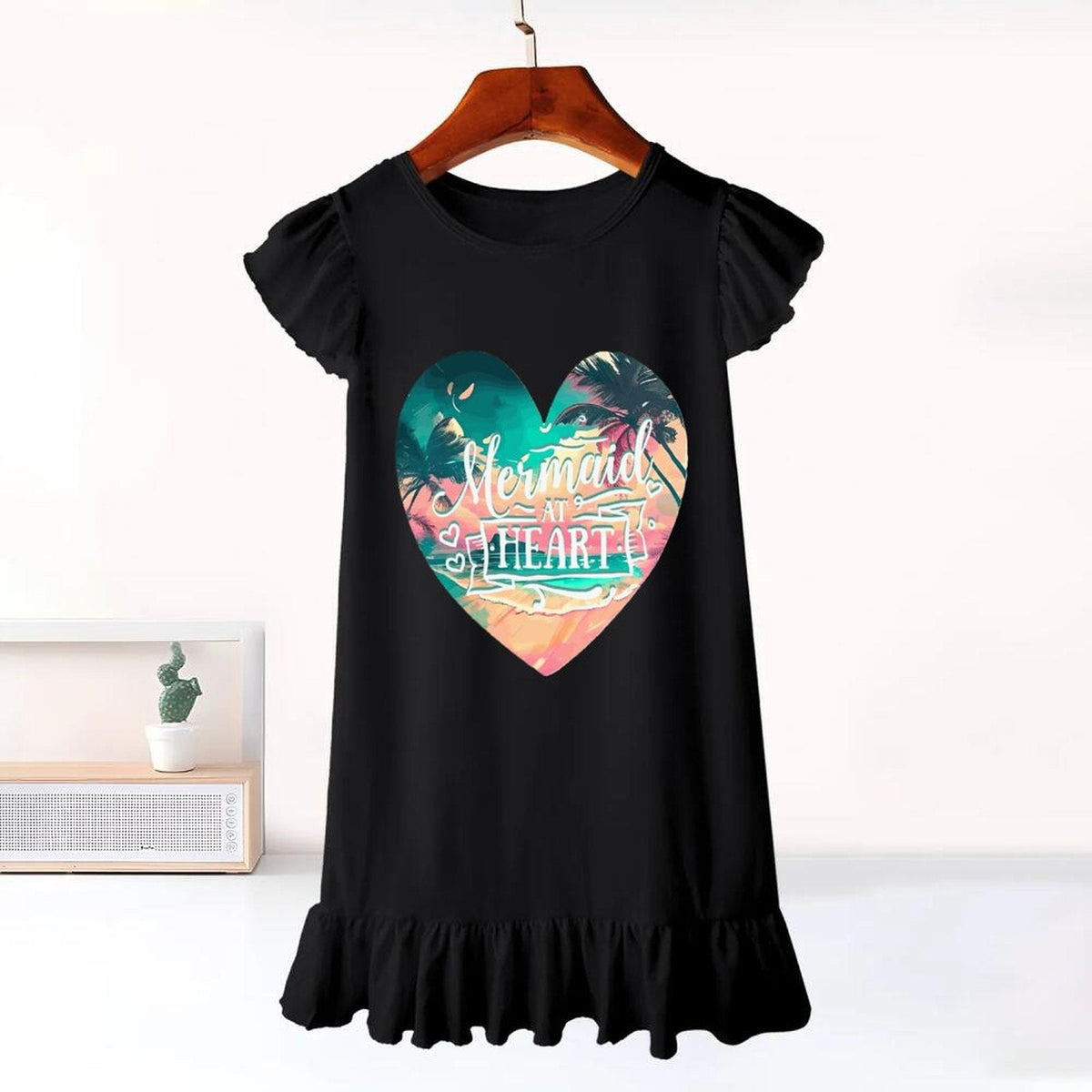 Mermaid at Heart Flutter Sleeve Short Black Dress for Girls (Front Printing)