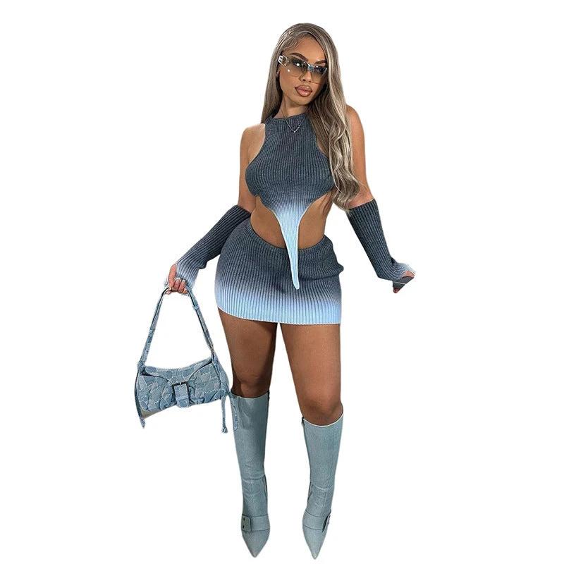 Knitted Gradient Irregular Top High Waist Skirt Set