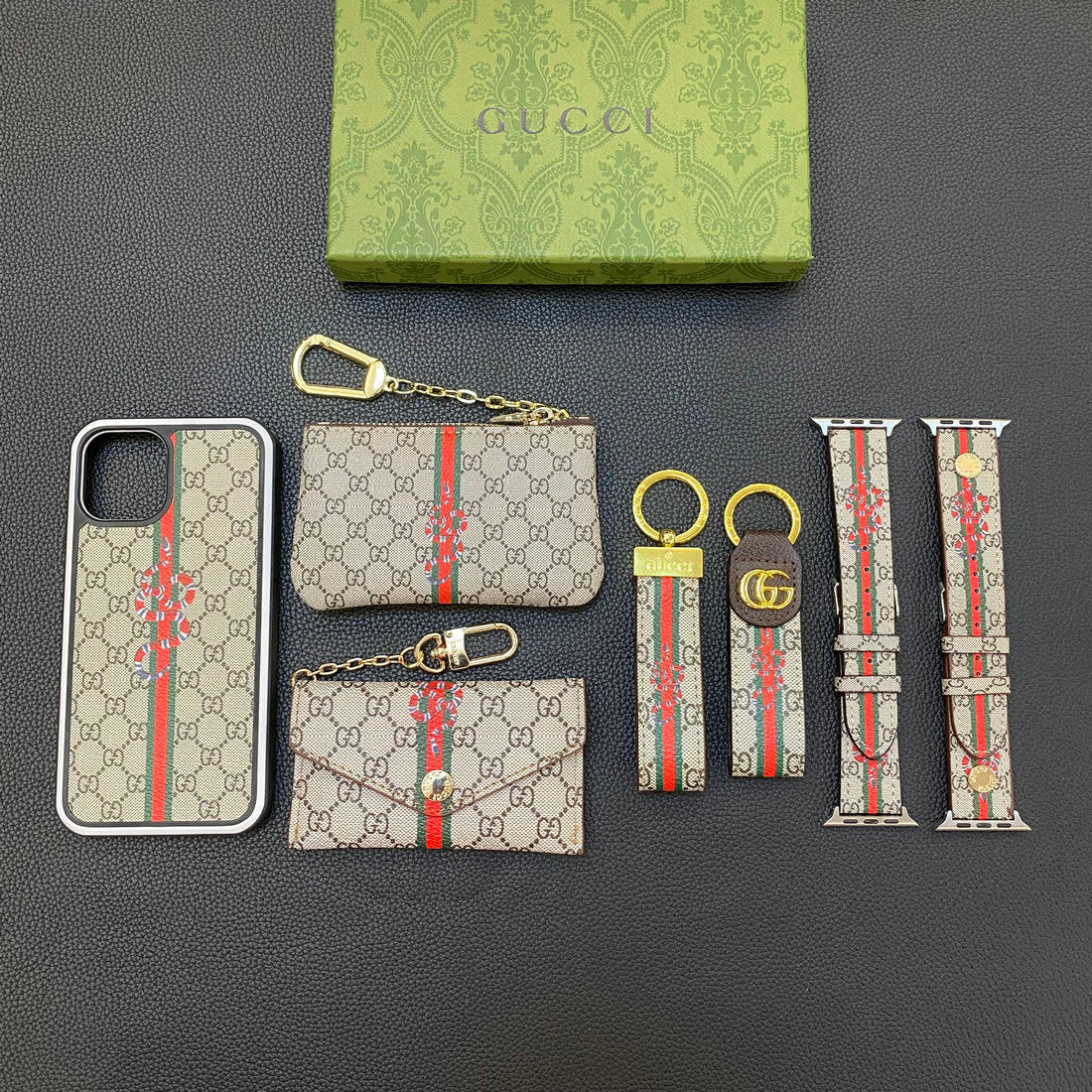 Set de regalo de moda (funda para iPhone+llavero+monedero+tarjetero+correa de reloj)