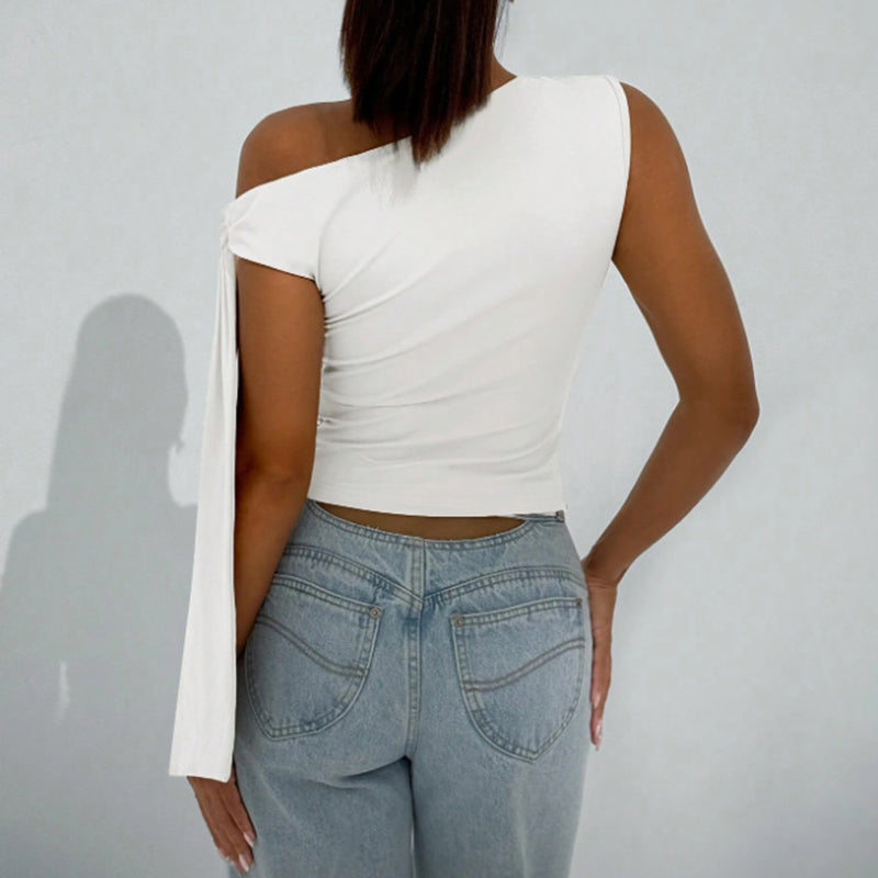 Top asimétrico con lazo en un hombro para mujer – Camisa para salir y fiesta