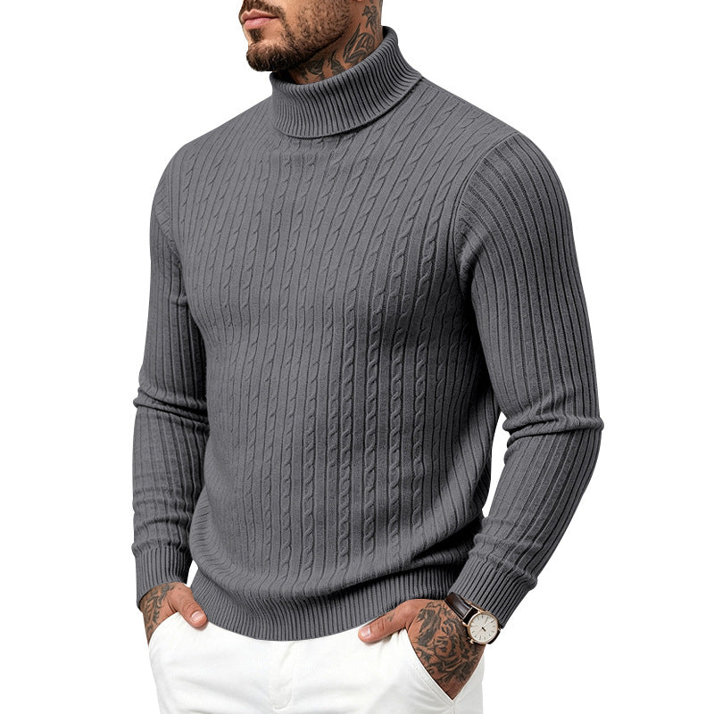 Mens Turtleneck Slim-Fit Vertical-Stripe Casual Long-Sleeve Sweater
