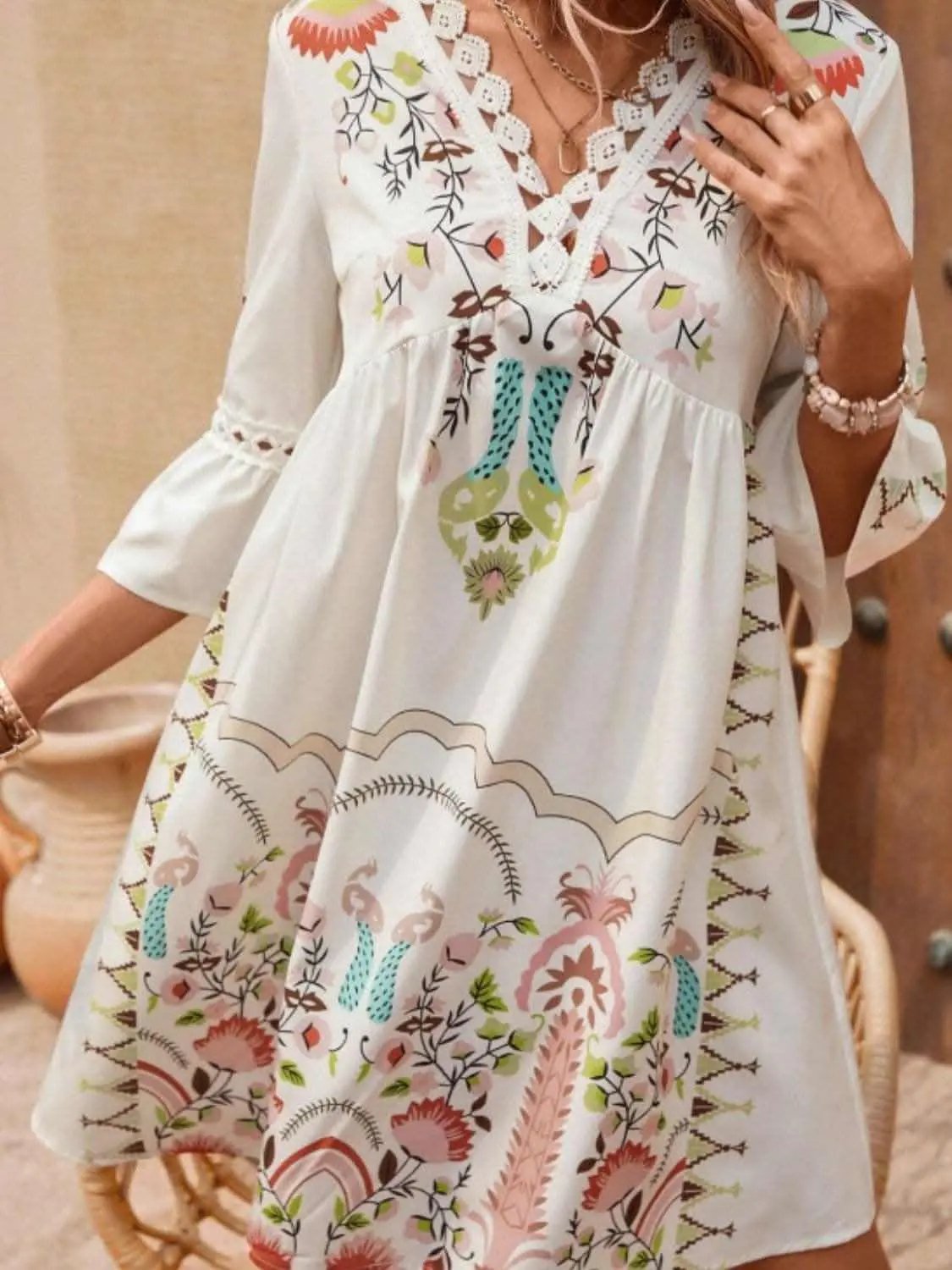 Dresses Trendsi Lace Printed Three-Quarter Dress with Sheer Elegan