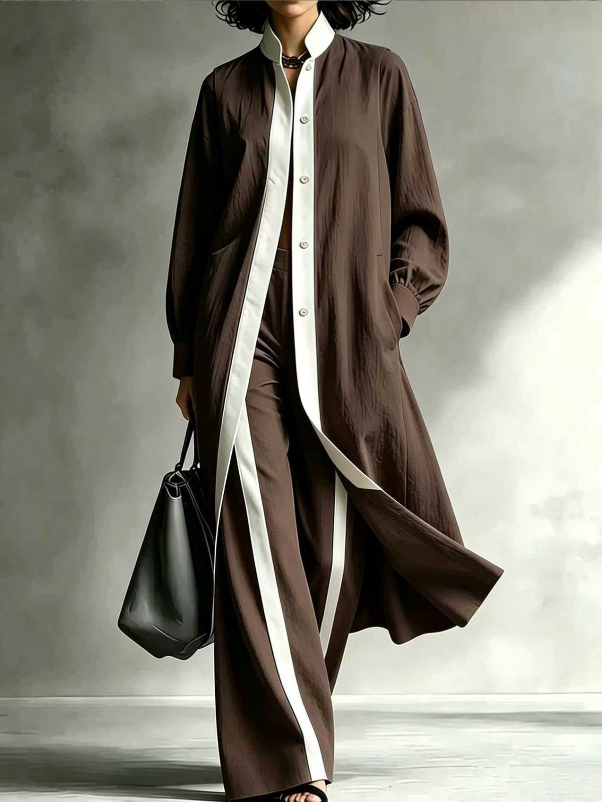 Womens Color-Block Loose-Fit Fashion Long-Sleeve Coat And Pants Set