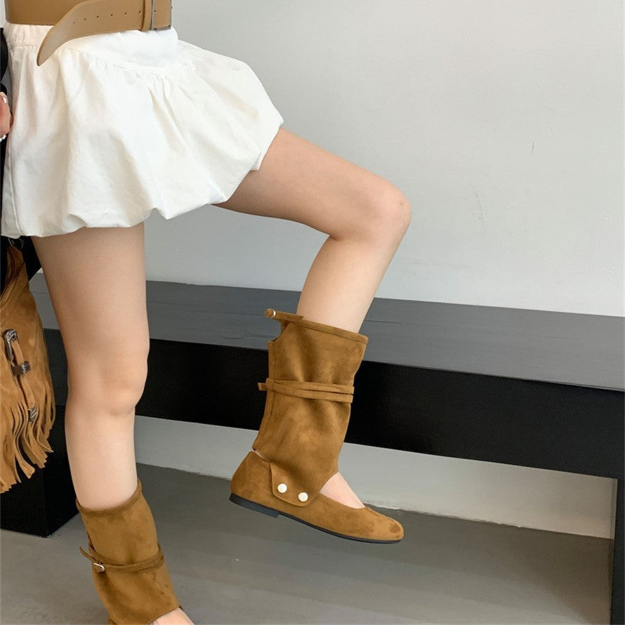 Women's Niche Design Two-way Pants Brushed Hollow-out Mid-calf Boots