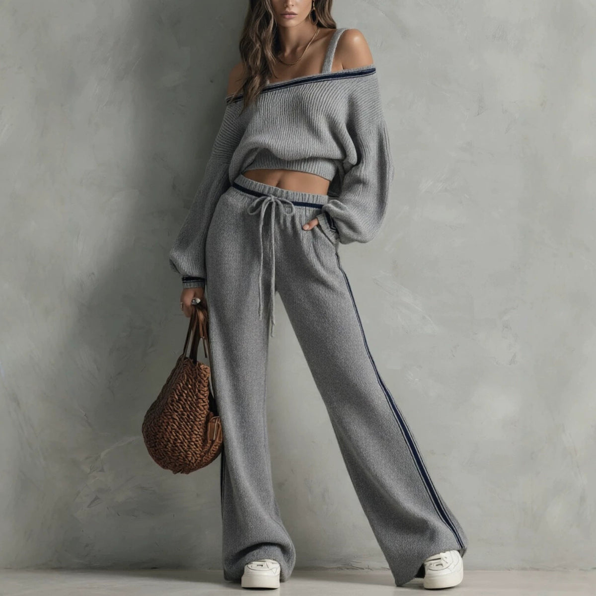 Arrival Eye-color Off-shoulder Sweater And Wide-leg Pants Two-piece Set