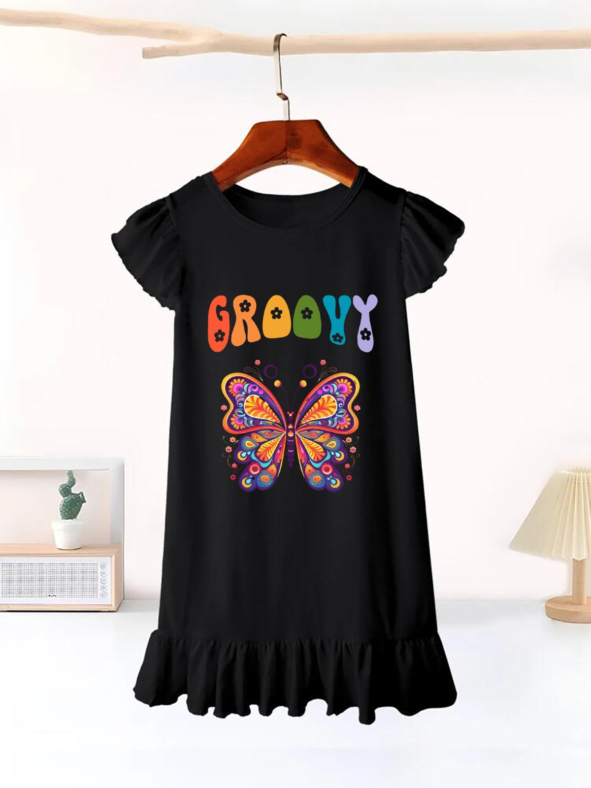Groovy Butterfly Flutter Sleeve Dress for Girls (Front Printing)