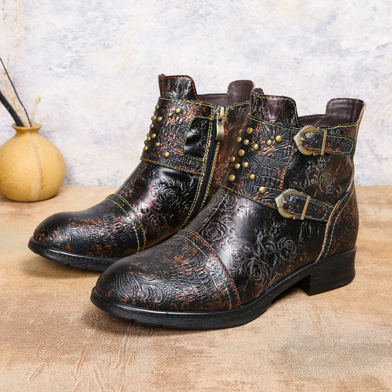 Botas de moda para mujer con hebilla de remache retro. Consulta la tabla de tallas en "más detalles".