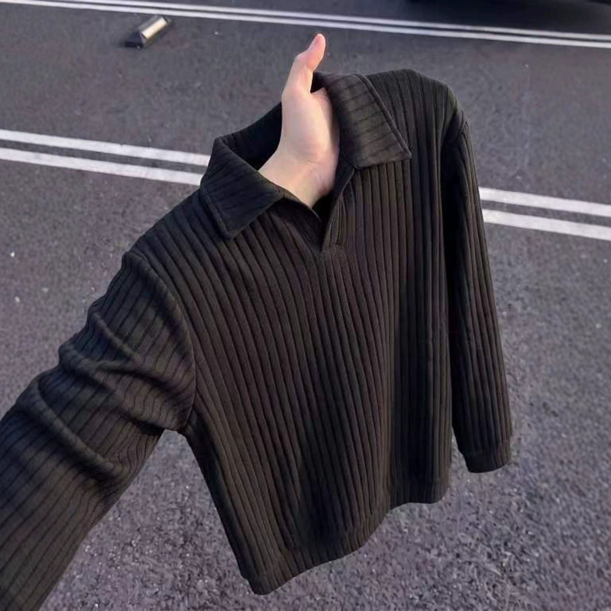 Old-money-style Vertical-striped Knit Mens American-style Long-sleeve Sweatshirt