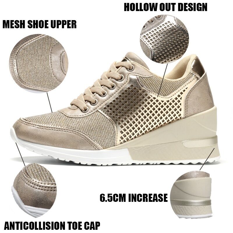 Women Lace-up Sneakers Height Increasing 6.5cm Flats Walking Shoes