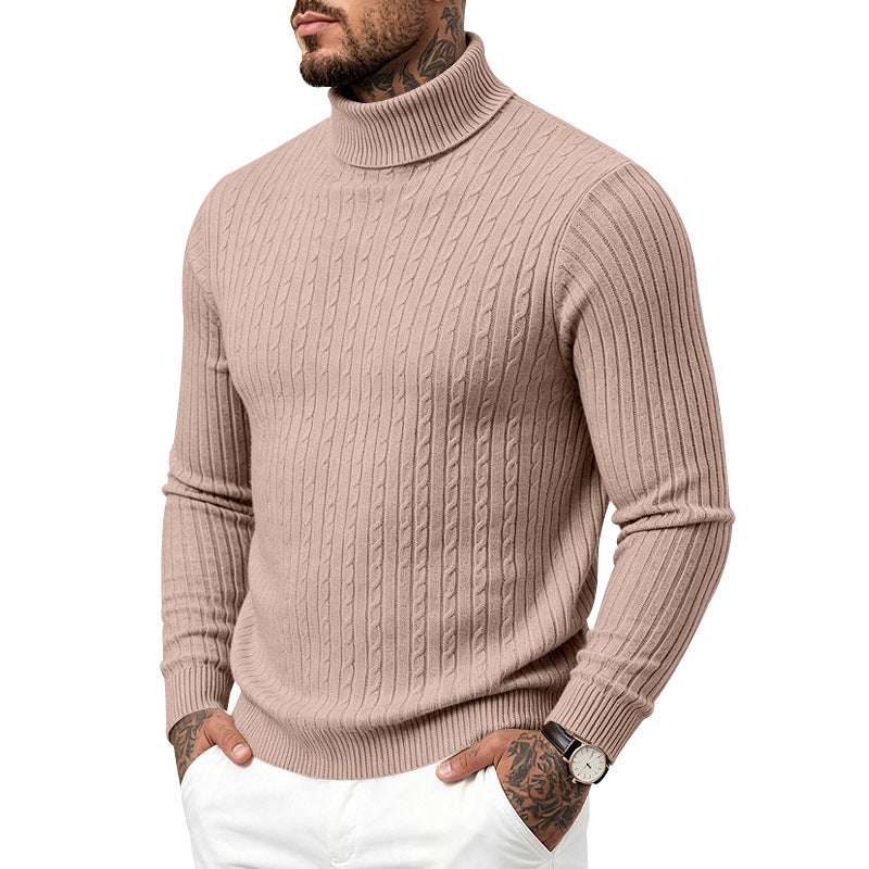Mens Turtleneck Slim-Fit Vertical-Stripe Casual Long-Sleeve Sweater