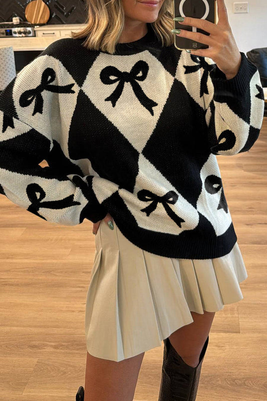 Suéter Holgado de Punto Rombos Bicolor con Estampado de Lazo Negro