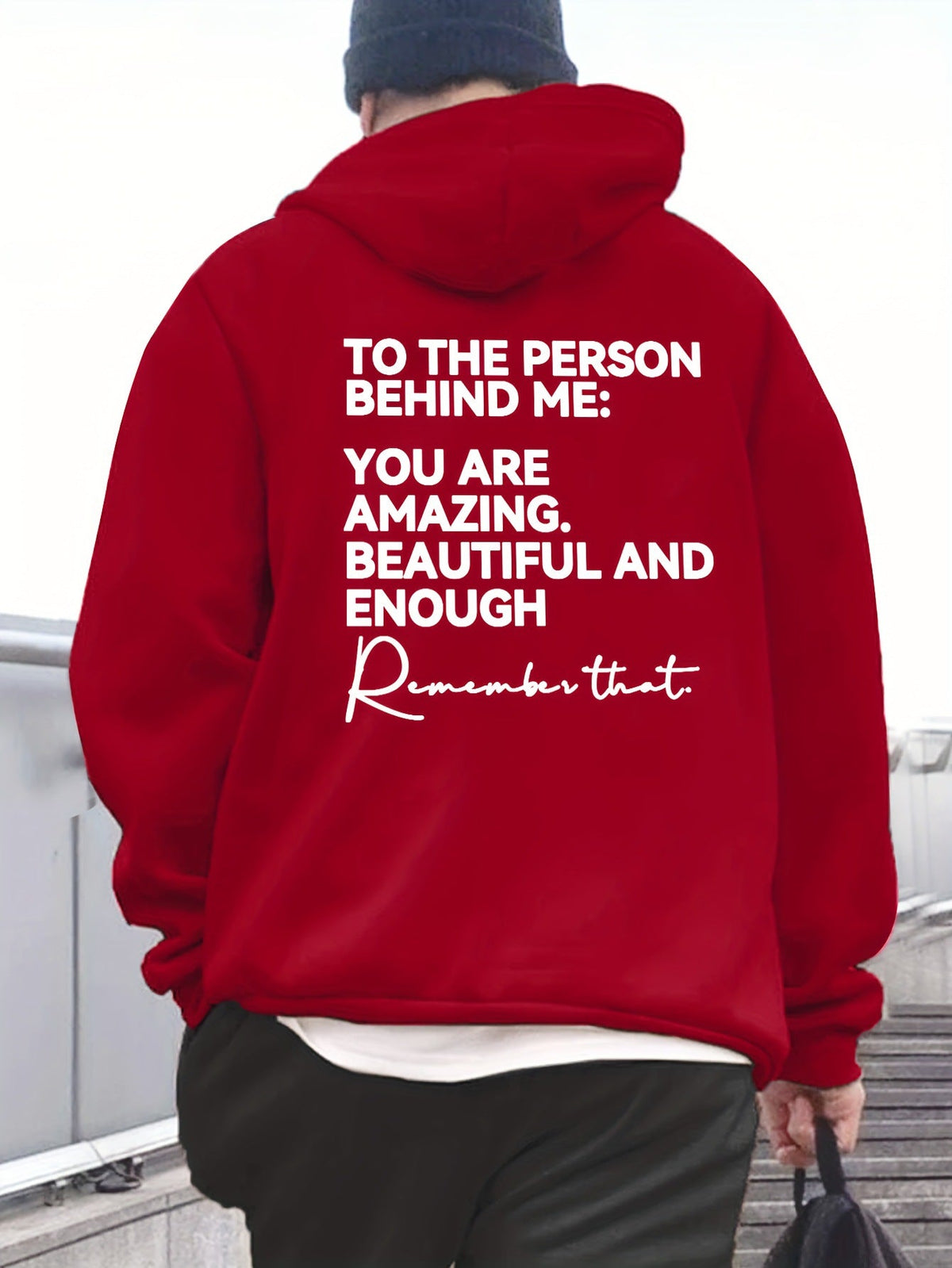 Loose-fit Drop-shoulder Hooded Sweatshirt With English Print On The Back