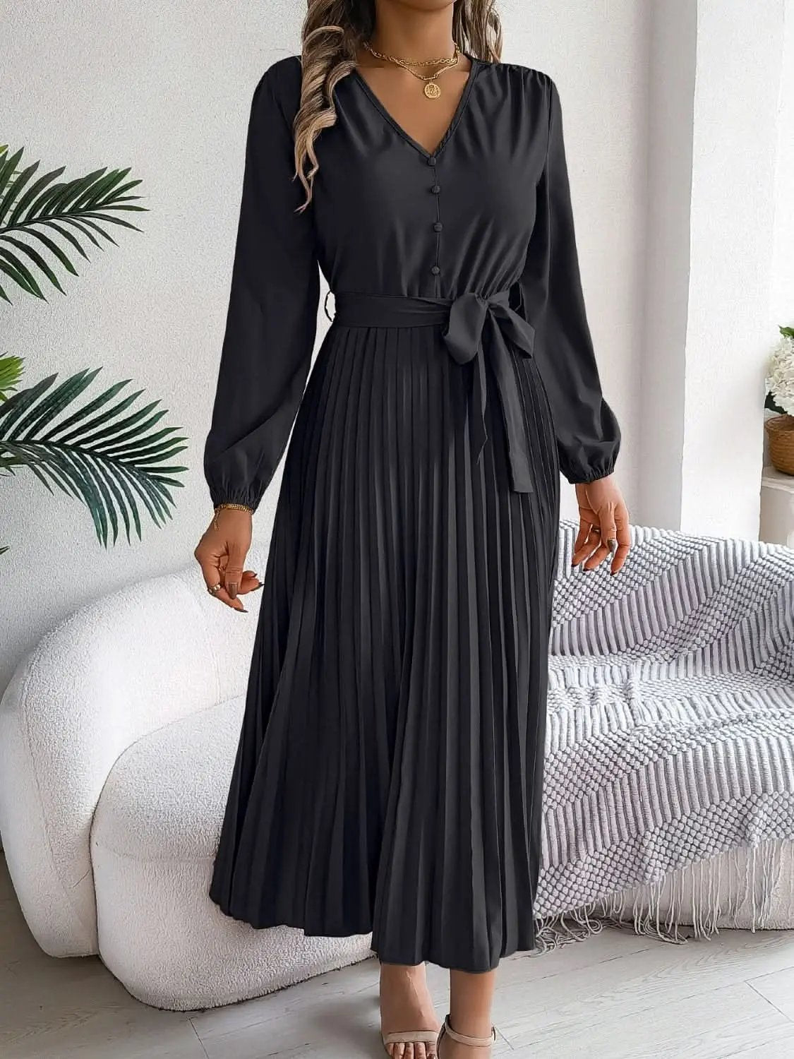 Dresses Trendsi V-Neck Dress Women's Elegant Long Sleeve Sheer Tie Dress Fashion