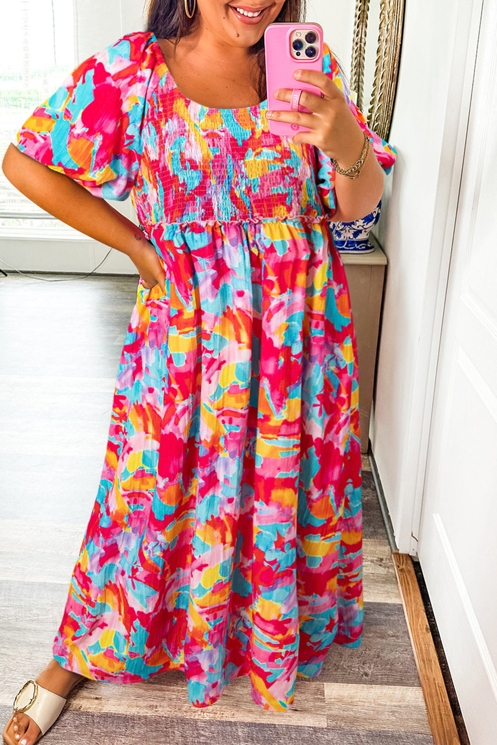 Vestido de Talla Grande con Estampado Floral Abstracto, Mangas Abullonadas, Escote Cuadrado, Busto Fruncido y Espalda Atada
