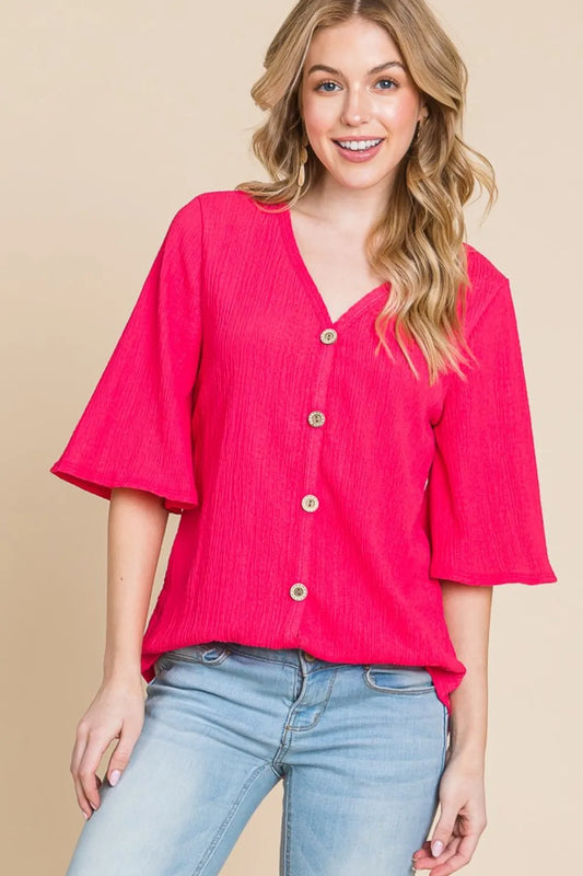 BOMBOM Blusa decorativa con botones y cuello en V texturizada