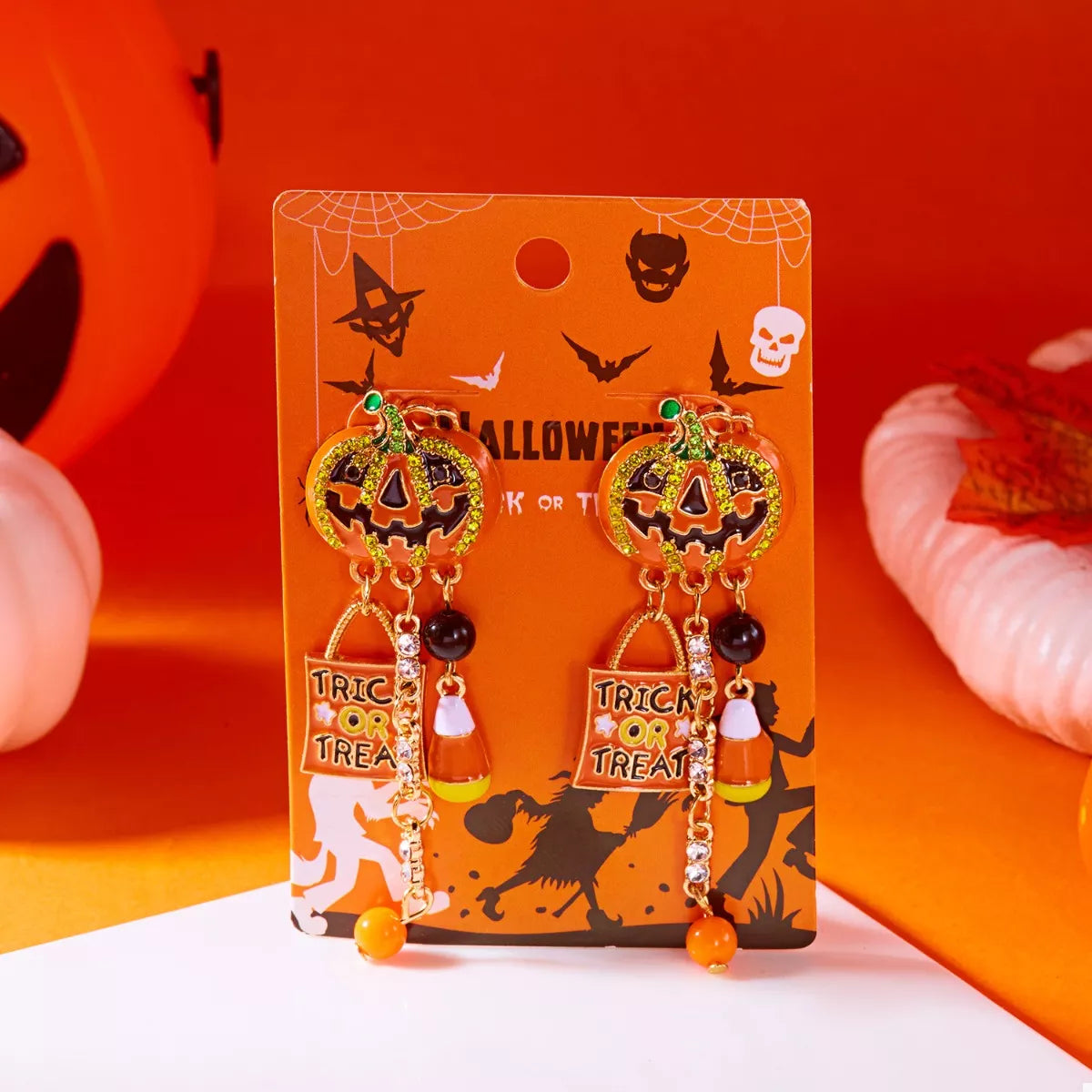 Halloween Rhinestone Pumpkin Drop Earrings