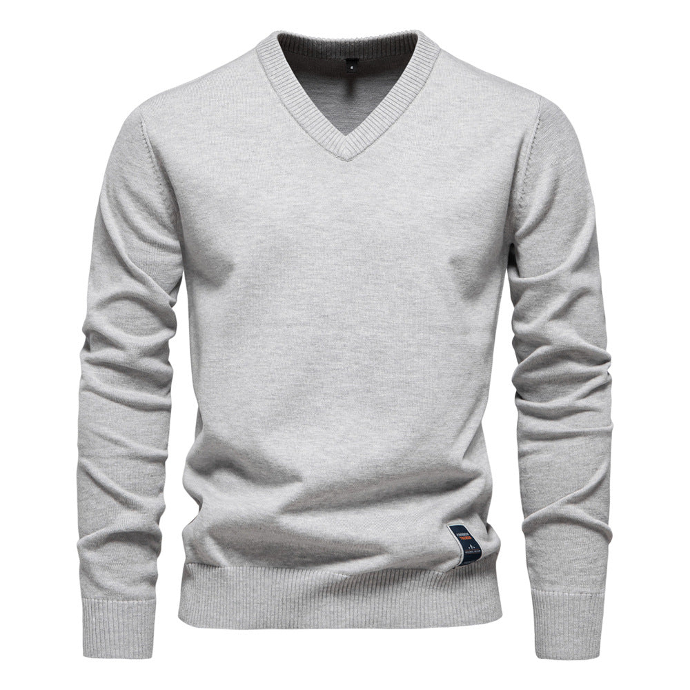 Autumn And Winter New Cotton Cross-border Trade Solid Color Sweater V-Neck Trendy Men's Sweater Men's Sweater