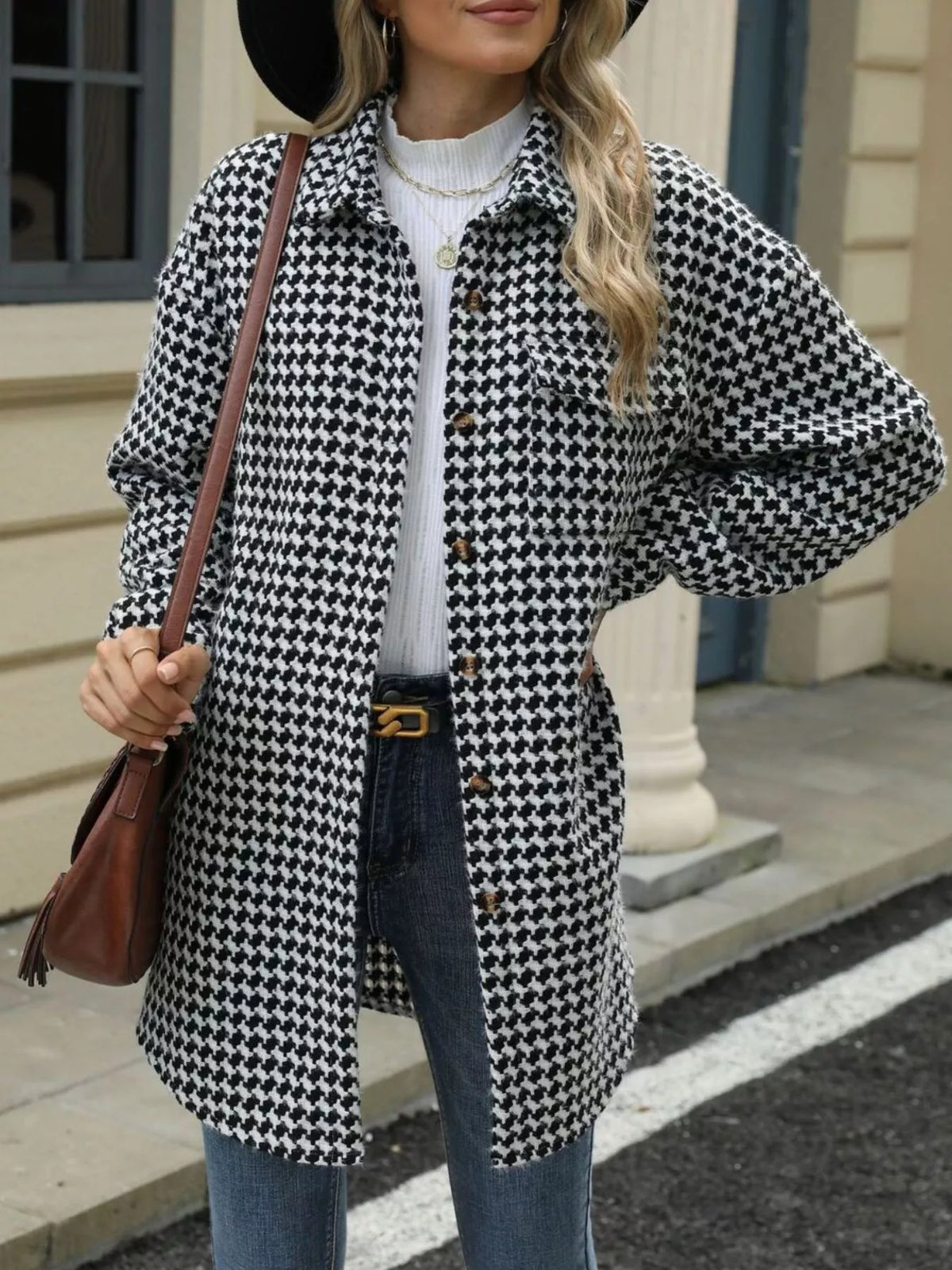 Houndstooth Button Up Long Sleeve Coat
