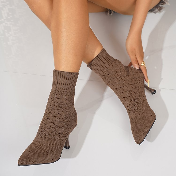 Pointed-toe Stiletto Heel Knitted Stretch Boots For Women