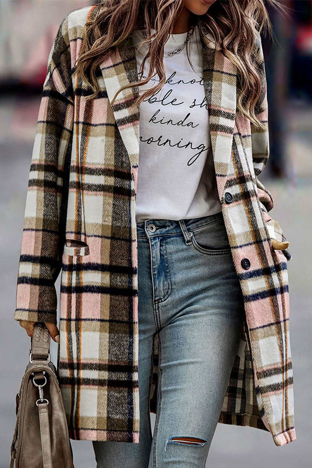 Chaqueta con solapa abotonada de cuadros escoceses rosas