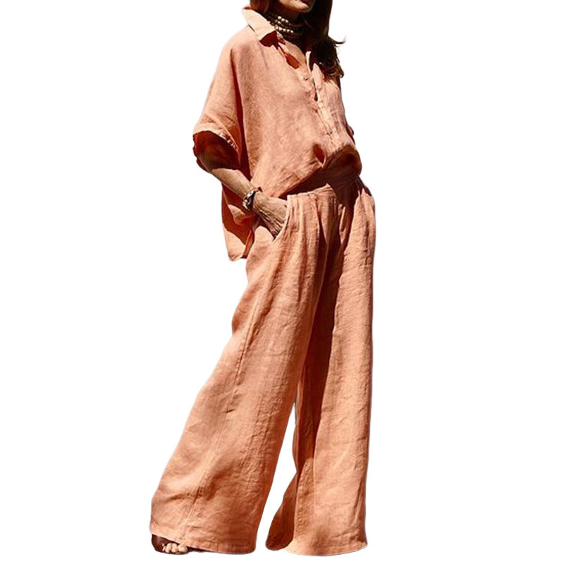 Women's Fashion Solid Color Loose Cotton And Linen Tops Pants Suit See size chart under “more details”