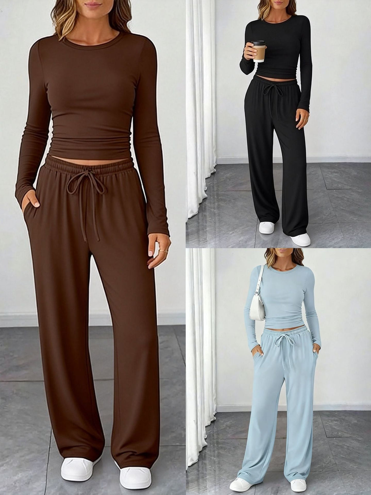 Amazon 2025 New European And American Style Slimming Waist-Cinching Fashionable Casual Suit Sports Yoga Spring And Summer Round Neck Long-Sleeved Women's Clothing