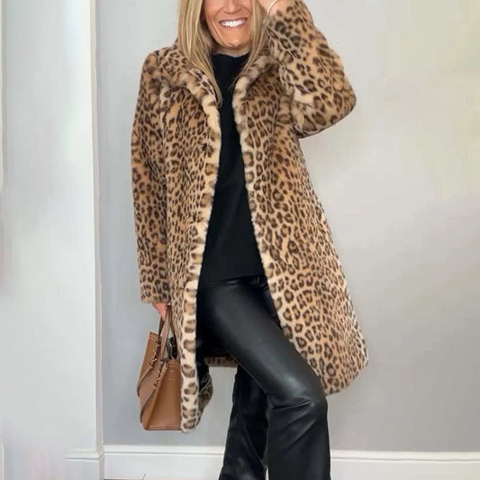 Chaqueta de felpa con estampado de leopardo para mujer, abrigo cálido y cómodo de ajuste holgado, elegante, de longitud media, para otoño e invierno. Consulta la tabla de tallas en "más detalles".