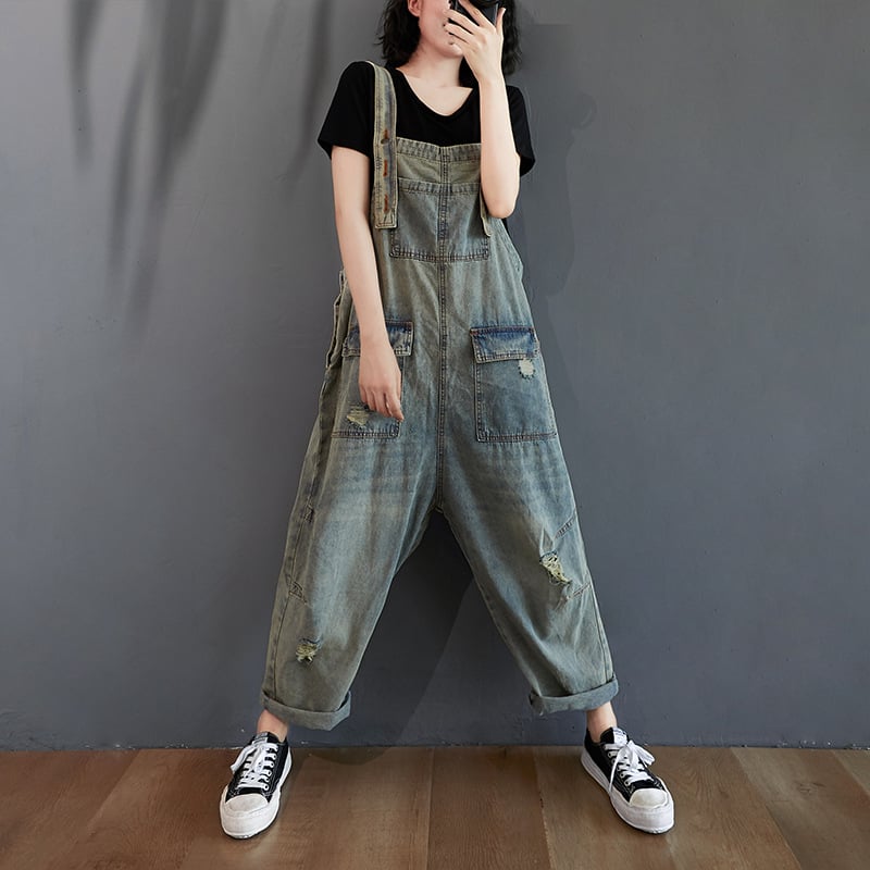 Women's Retro Ripped Denim Overalls for Summer