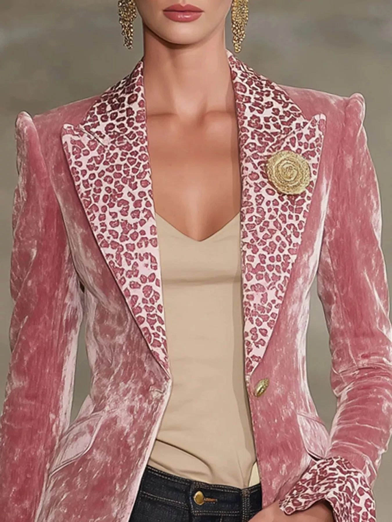 Velvet Leopard Lapel Collar One Button Blazer